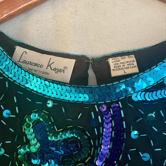 Lawrence Kazar VTG Womens Silk Beaded Sequin Blouse Size Large Black Blue Purple - Picture 2 of 13